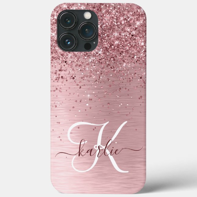 Blush Pink Brushed Metal Glitter Monogram Name Case-Mate iPhone Case (Back)