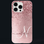 Blush Pink Brushed Metal Glitter Monogram Name iPhone 16 Pro Max Case<br><div class="desc">Easily personalise this trendy chic phone case design featuring pretty blush pink sparkling glitter on a blush pink brushed metallic background.</div>