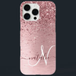 Blush Pink Brushed Metal Glitter Monogram Name iPhone 16 Pro Max Case<br><div class="desc">Easily personalise this trendy chic phone case design featuring pretty blush pink sparkling glitter on a blush pink brushed metallic background.</div>