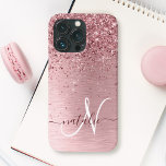 Blush Pink Brushed Metal Glitter Monogram Name Case-Mate iPhone Case<br><div class="desc">Easily personalise this trendy chic phone case design featuring pretty blush pink sparkling glitter on a blush pink brushed metallic background.</div>