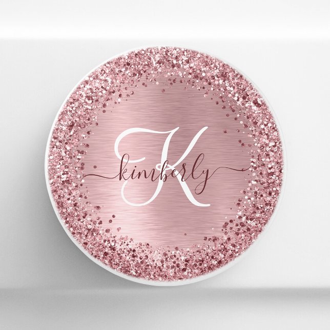Blush Pink Brushed Metal Glitter Monogram Name Ceramic Knob (Creator Uploaded)