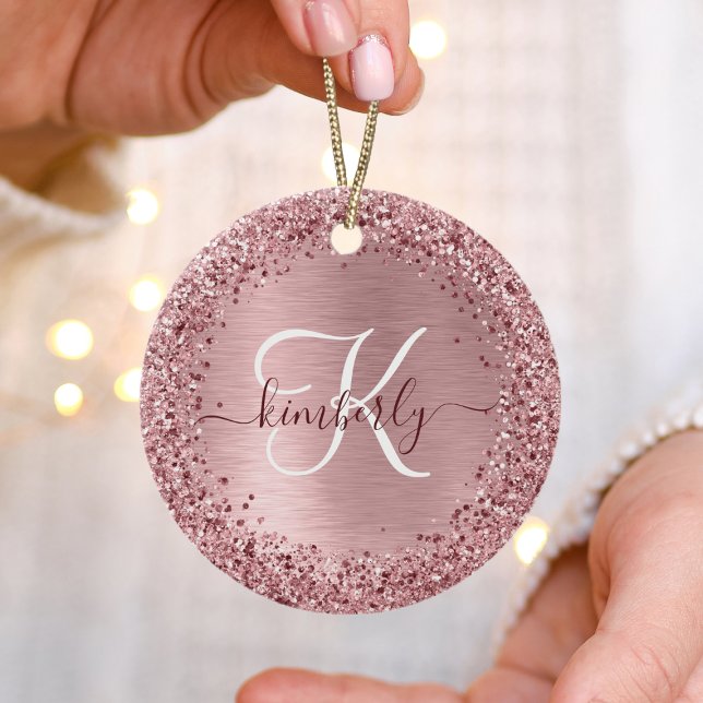 Blush Pink Brushed Metal Glitter Monogram Name Ceramic Tree Decoration (Creator Uploaded)
