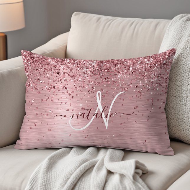 Blush Pink Brushed Metal Glitter Monogram Name Decorative Cushion (Creator Uploaded)