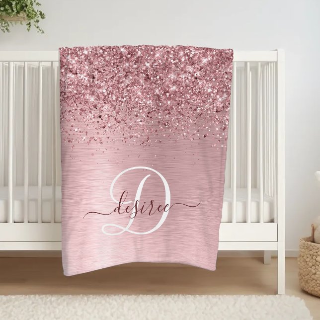 Blush Pink Brushed Metal Glitter Monogram Name Fleece Blanket (Creator Uploaded)