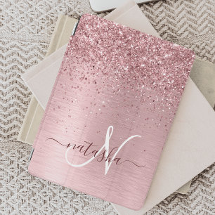 Blush Pink Brushed Metal Glitter Monogram Name iPad Mini Cover