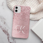 Blush Pink Brushed Metal Glitter Monogram Name iPhone 15 Case<br><div class="desc">Easily personalise this trendy chic phone case design featuring pretty blush pink sparkling glitter on a blush pink brushed metallic background.</div>