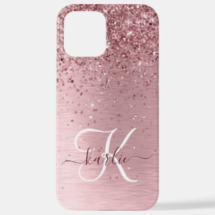 Blush Pink Brushed Metal Glitter Monogram Name iPhone 12 Pro Max Case