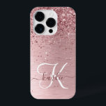 Blush Pink Brushed Metal Glitter Monogram Name iPhone 14 Pro Case<br><div class="desc">Easily personalise this trendy chic phone case design featuring pretty blush pink sparkling glitter on a blush pink brushed metallic background.</div>