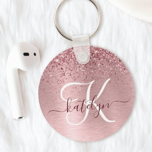 Blush Pink Brushed Metal Glitter Monogram Name Key Ring