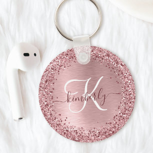 Blush Pink Brushed Metal Glitter Monogram Name Key Ring