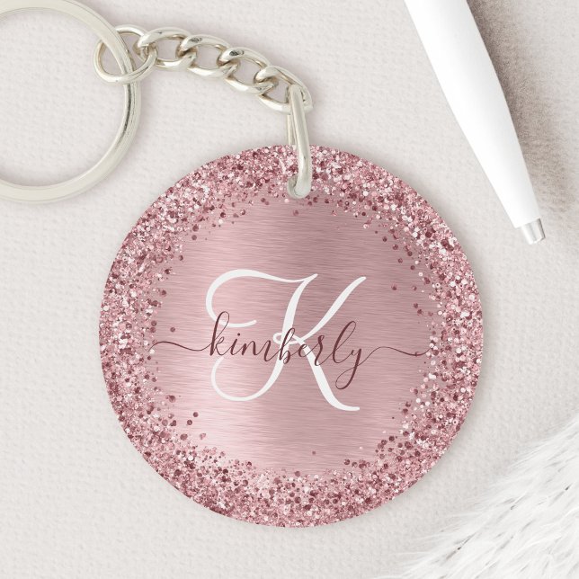 Blush Pink Brushed Metal Glitter Monogram Name Key Ring (Creator Uploaded)