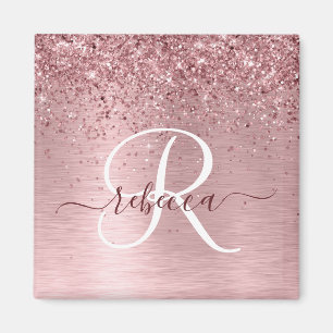 Blush Pink Brushed Metal Glitter Monogram Name Magnet