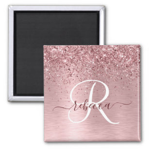 Blush Pink Brushed Metal Glitter Monogram Name Magnet
