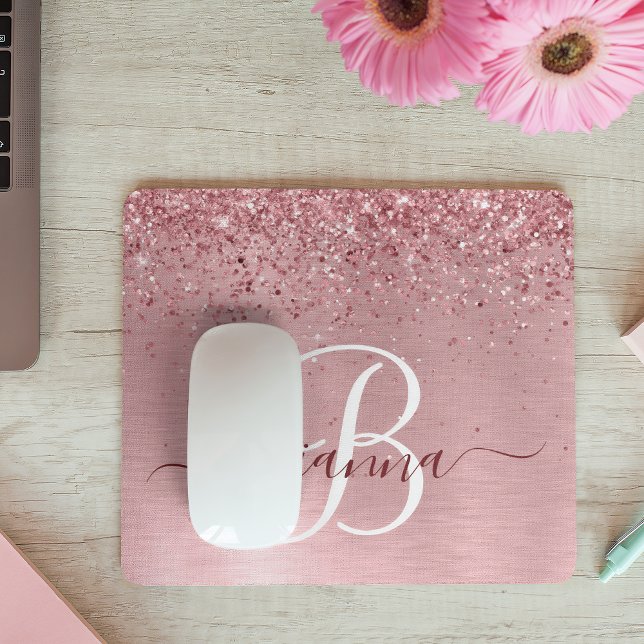 Blush Pink Brushed Metal Glitter Monogram Name Mouse Mat (Creator Uploaded)