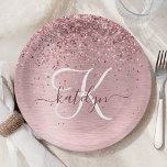 Blush Pink Brushed Metal Glitter Monogram Name Paper Plate<br><div class="desc">Easily personalise this trendy chic paper plate design featuring pretty blush pink sparkling glitter on a blush pink brushed metallic background.</div>
