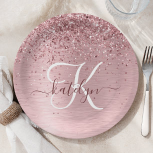 Blush Pink Brushed Metal Glitter Monogram Name Paper Plate