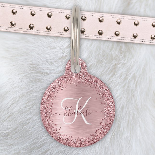 Blush Pink Brushed Metal Glitter Monogram Name Pet Tag (Creator Uploaded)