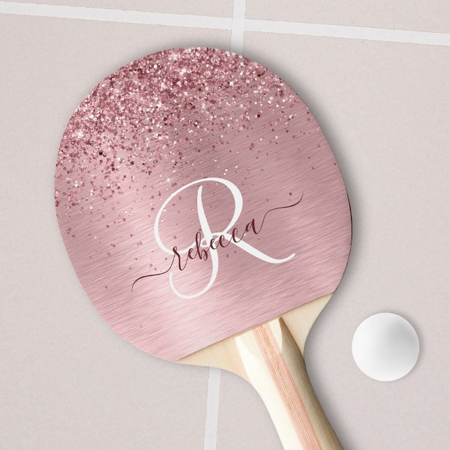 Blush Pink Brushed Metal Glitter Monogram Name Ping Pong Paddle (Creator Uploaded)