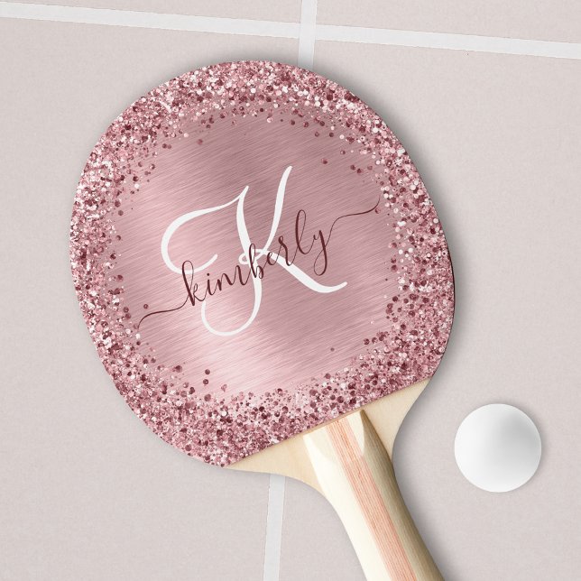 Blush Pink Brushed Metal Glitter Monogram Name Ping Pong Paddle (Creator Uploaded)