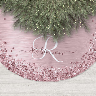 Blush Pink Brushed Metal Glitter Monogram Name Polyester Tree Skirt