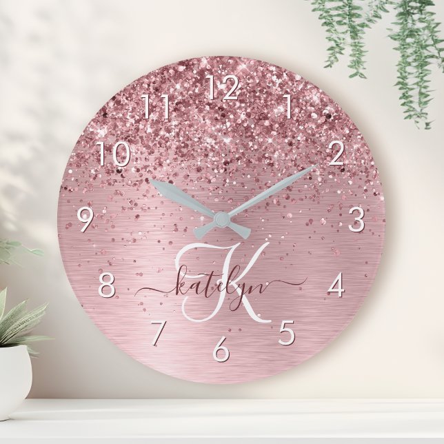 Blush Pink Brushed Metal Glitter Monogram Name Round Clock (Creator Uploaded)