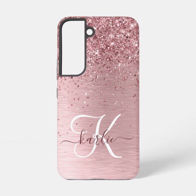  Blush Pink Brushed Metal Glitter Monogram Name Samsung Galaxy S22 Case (Back)
