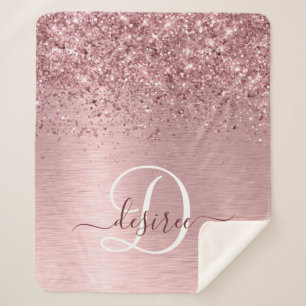 Blush Pink Brushed Metal Glitter Monogram Name Sherpa Blanket