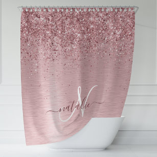Blush Pink Brushed Metal Glitter Monogram Name Shower Curtain