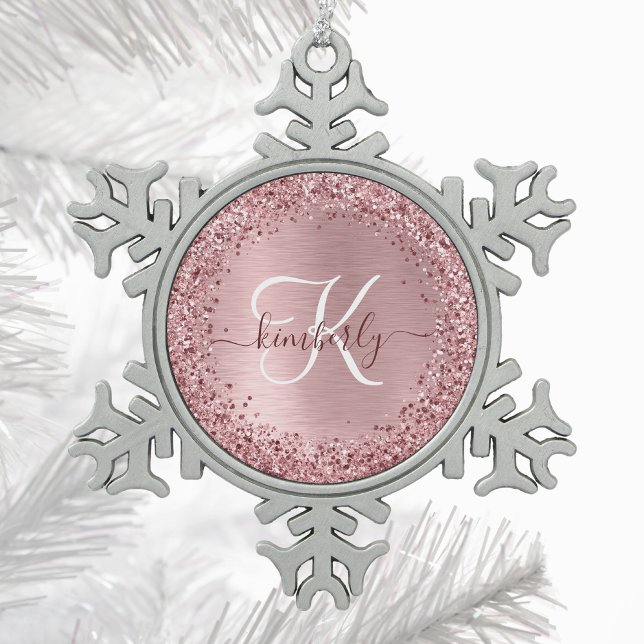 Blush Pink Brushed Metal Glitter Monogram Name Snowflake Pewter Christmas Ornament (Creator Uploaded)