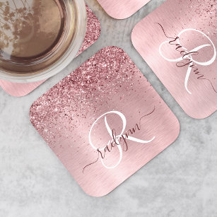 Blush Pink Brushed Metal Glitter Monogram Name Square Paper Coaster