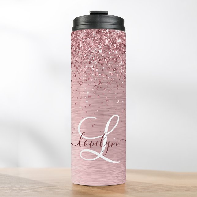 Blush Pink Brushed Metal Glitter Monogram Name Thermal Tumbler (Creator Uploaded)