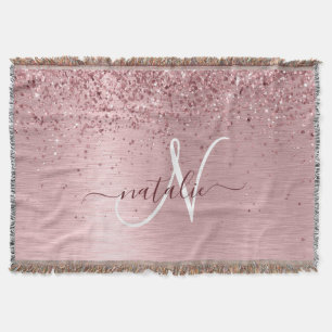 Blush Pink Brushed Metal Glitter Monogram Name Throw Blanket