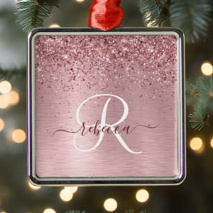 Blush Pink Brushed Metal Glitter Monogram Name Tree Decoration