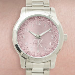 Blush Pink Brushed Metal Glitter Monogram Name Watch<br><div class="desc">Easily personalise this trendy chic watch design featuring pretty blush pink sparkling glitter on a blush pink brushed metallic background.</div>