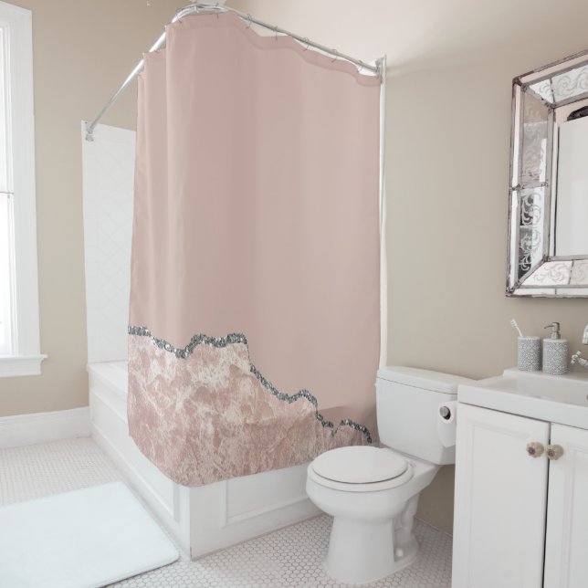 Blush Pink Brushed Metal Glitter Shower Curtain (In Situ)