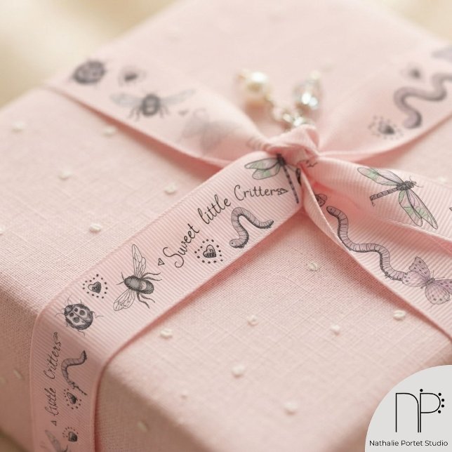 Blush Pink Bug Monogram Grosgrain Ribbon  (Blush pink bug monogram grosgrain ribbon featuring hand-drawn chic noir fine line ink art.)