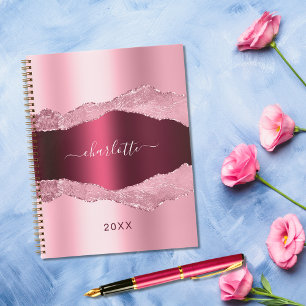Blush pink burgundy agate marble name notebook