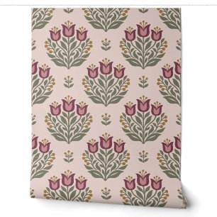 Blush Pink, Burgundy and Olive Folk Art Tulip Wallpaper