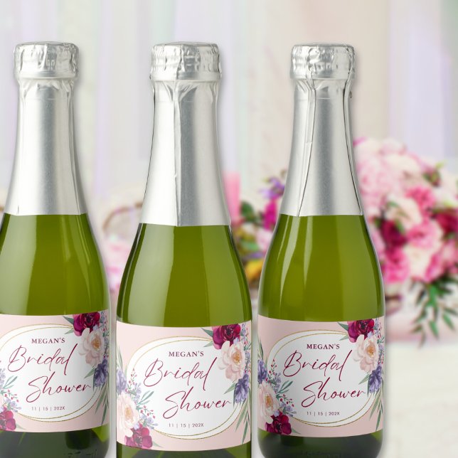 Blush Pink & Burgundy Bloom Bridal Shower  Sparkling Wine Label (Creator Uploaded)