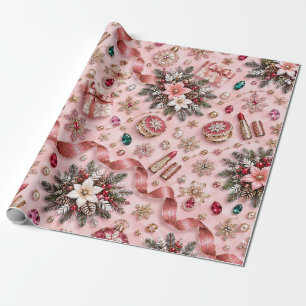 Blush Pink Burgundy Christmas Jewel Ribbons Wrapping Paper