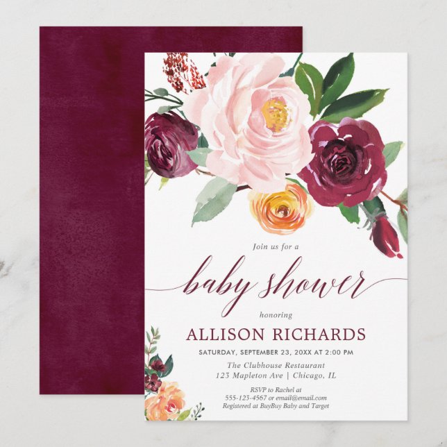 Blush pink burgundy fall floral girl baby shower invitation (Front/Back)