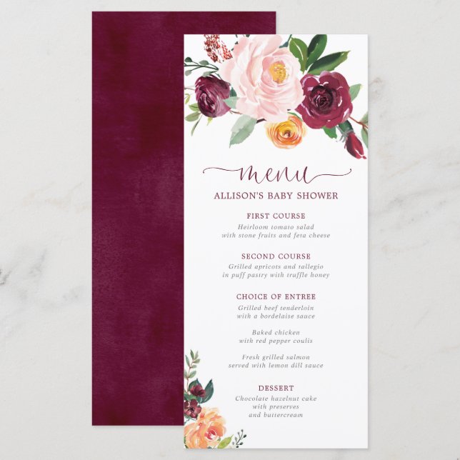 Blush pink burgundy fall floral shower menu (Front/Back)