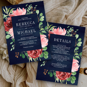 Blush Pink Burgundy Floral All in One Navy Wedding Invitation