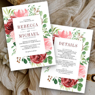 Blush Pink Burgundy Floral All in One Wedding Invitation