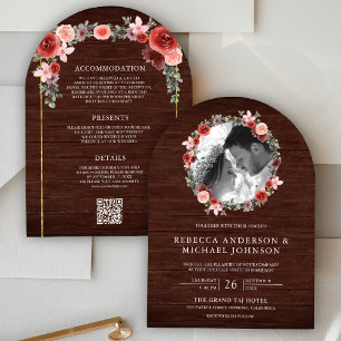 Blush Pink Burgundy Floral Arch Photo Wood Wedding Invitation