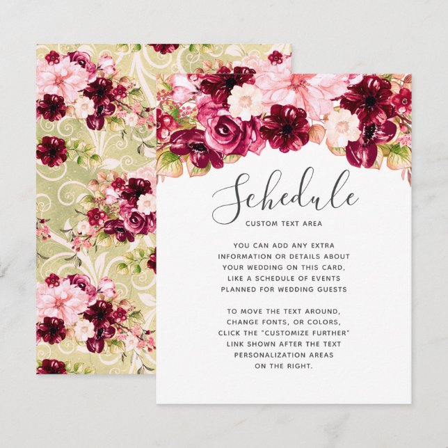 Blush Pink Burgundy Floral Border Wedding Schedule Invitation (Front/Back)
