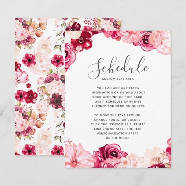 Blush Pink Burgundy Floral Border Wedding Schedule Invitation (Front/Back)