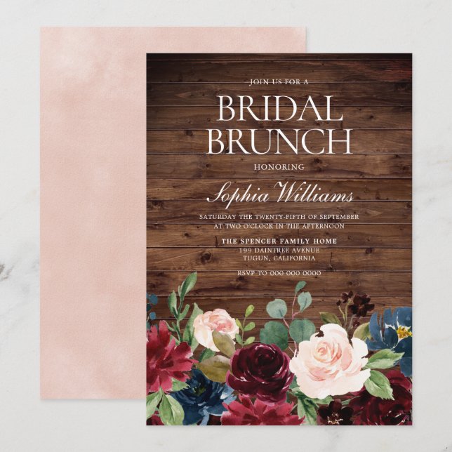 Blush Pink & Burgundy Floral Bridal Shower Brunch Invitation (Front/Back)