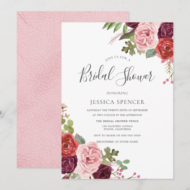 Blush Pink Burgundy Floral Bridal Shower Invite (Front/Back)