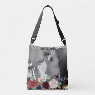 Blush Pink Burgundy Floral Elegant Mr & Mrs Photo Crossbody Bag